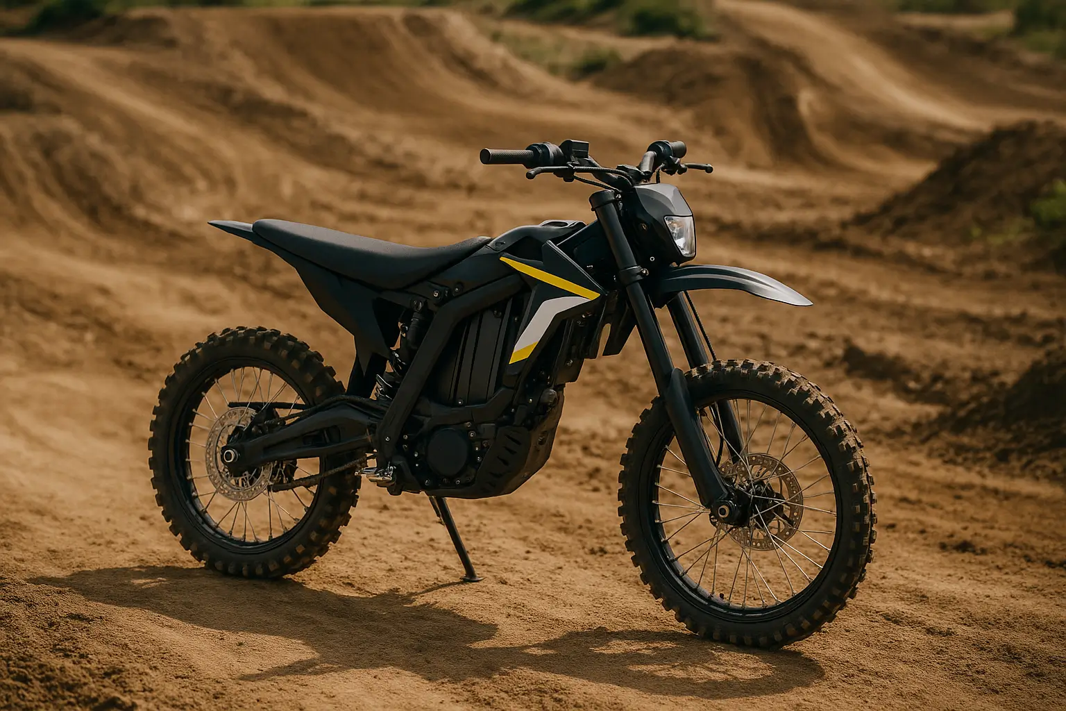 Street legal electric dirt bike with license plate riding on a public road
