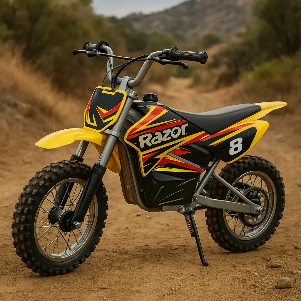 Razor mx650 electric dirt bike trail Razor MX650 electric dirt bike parked on a dirt trail surrounded by nature, showcasing its rugged tires and bold design.