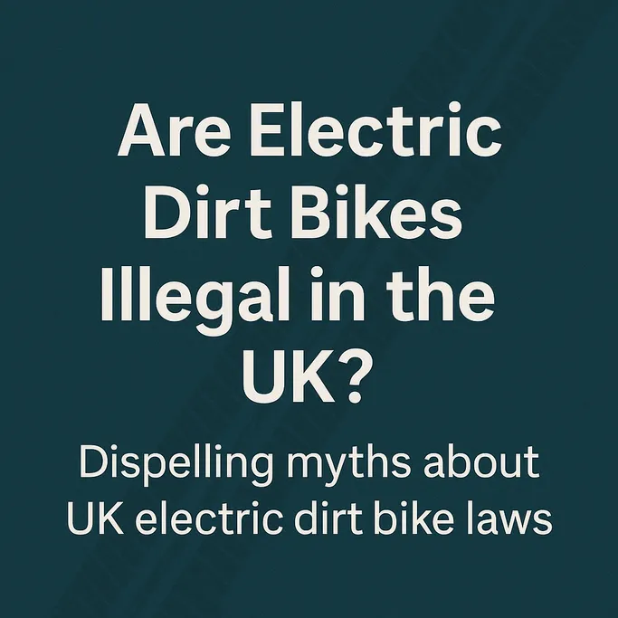 Are electric dirt bikes illegal in the UK? Featured image showing article title over dark background with tire track pattern.