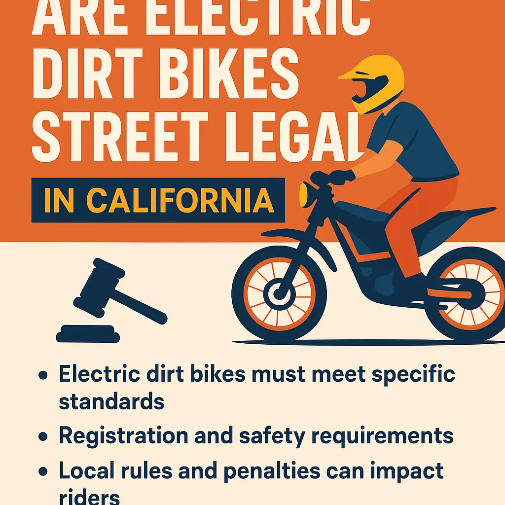 Infographic explaining if electric dirt bikes are street legal in California, showing regulations, registration steps, and local laws.