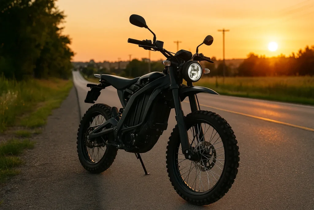 Are electric dirt bikes street legal in Ontario? Sur-Ron shown with full street-legal setup. Are electric dirt bikes street legal in Ontario – Sur-Ron with street kit on a country road at sunset