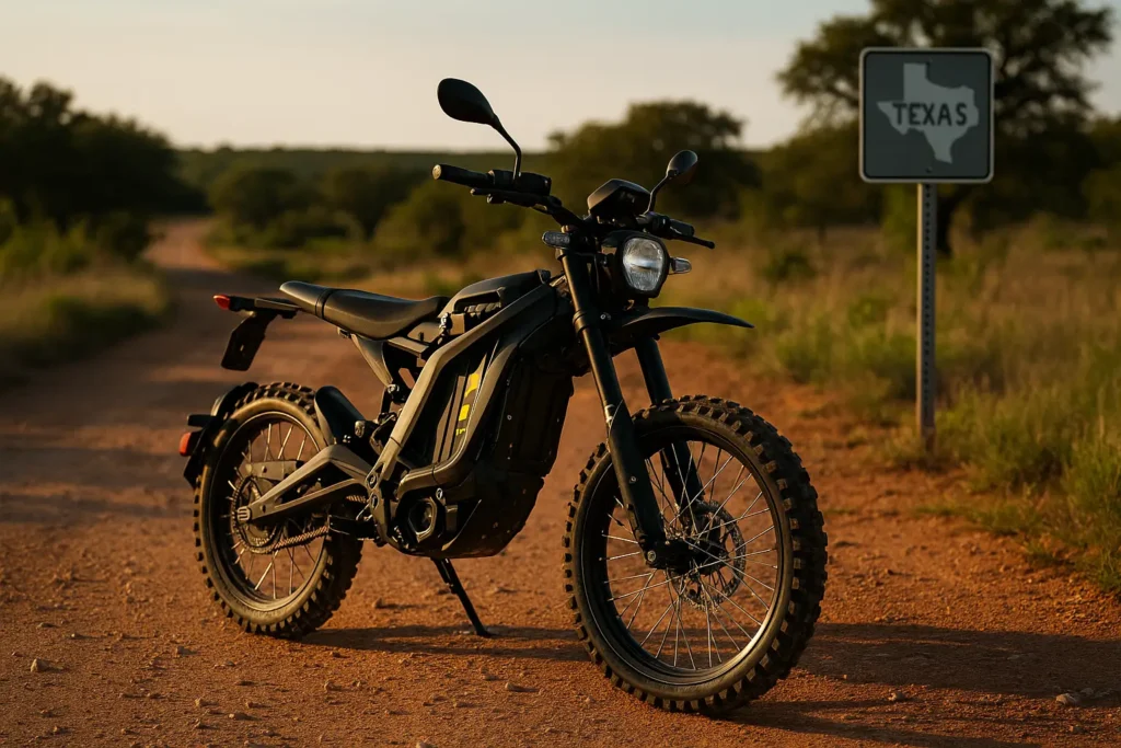 Electric dirt bike parked on a sunset-lit dirt trail with Texas state sign in background Are electric dirt bikes street legal in Texas – electric dirt bike with yellow accents on rural dirt trail near Texas road sign