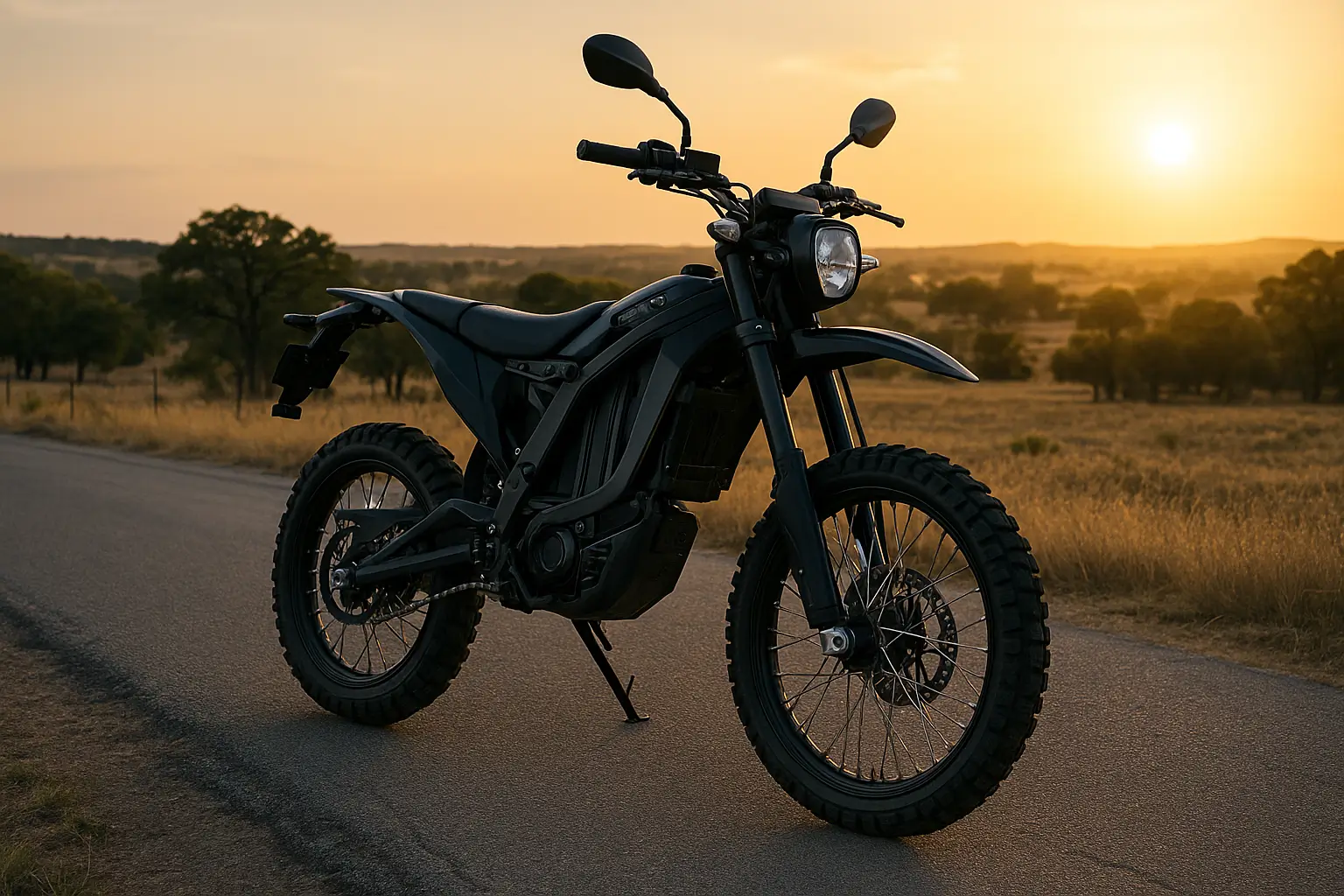 Are electric dirt bikes street legal in Texas – matte black Sur-Ron parked on rural asphalt road at sunset
