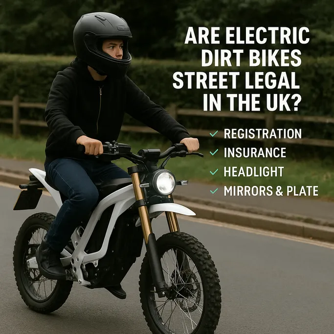 Young rider on a white electric dirt bike on UK road with text asking are electric dirt bikes street legal in the UK