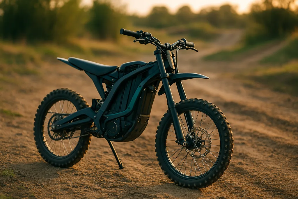 Electric Dirt Bike in UK Countryside – Legal Riding Context Electric dirt bike parked on a dirt trail at sunset in the UK, illustrating the question are electric dirt bikes illegal in the UK