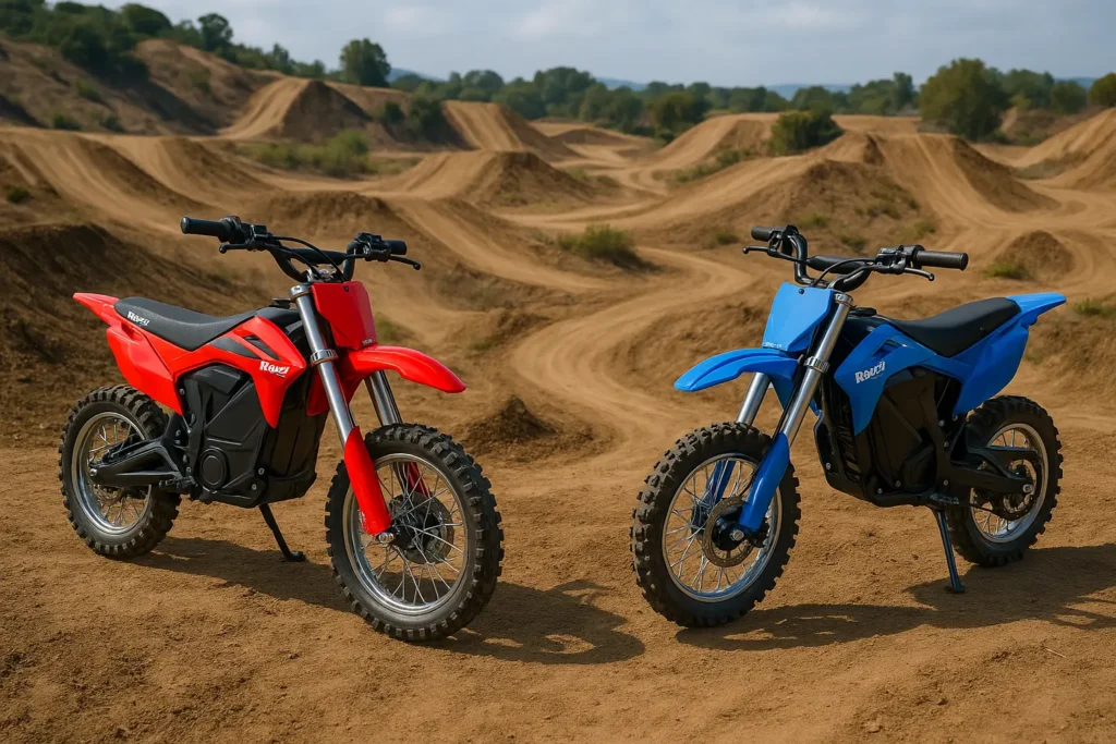 Are electric dirt bikes street legal? Two illegal electric dirt bikes parked side by side without lights or license plates