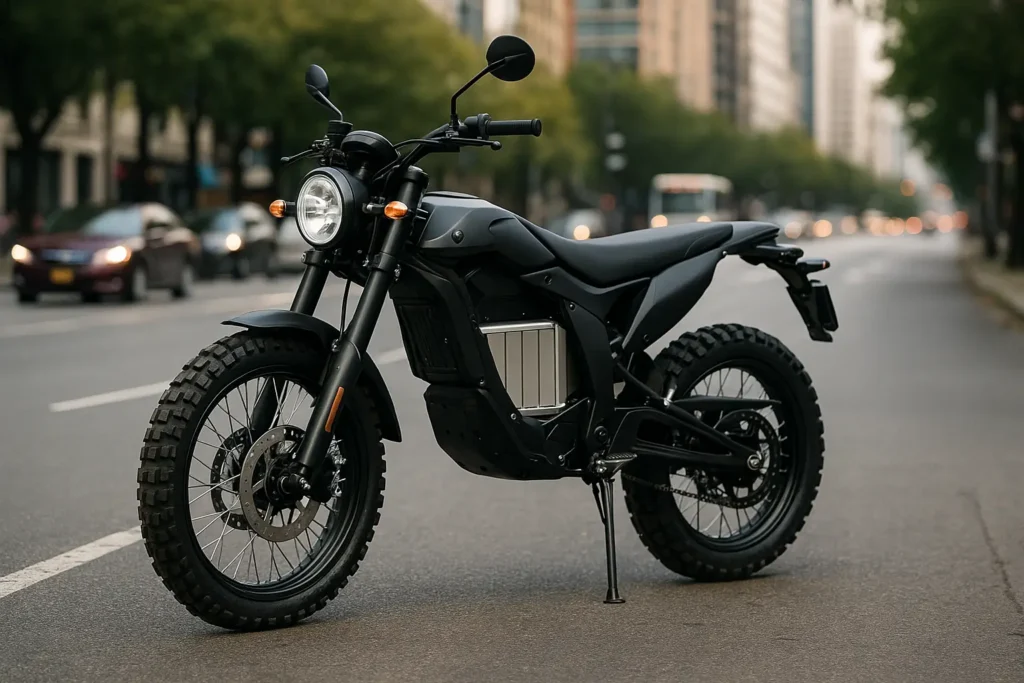 Street Legal Electric Dirt Bike on the Road Electric dirt bike street legal riding on a public road with mirrors and license plate