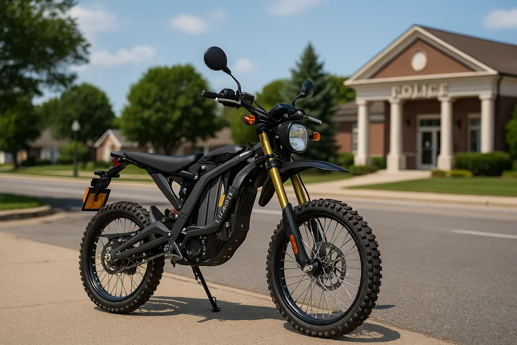 Street legal Sur Ron parked outside suburban police station Can you make a Sur Ron street legal? This image shows a modified Sur Ron electric dirt bike parked legally near a suburban police station.