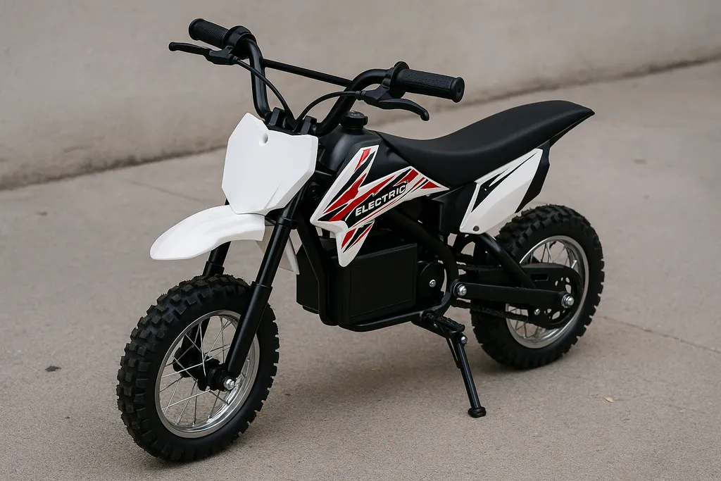 A electric powered motorcycle for 100 dollars dirt bike parked on concrete surface, cheap mini electric dirt bike for kids