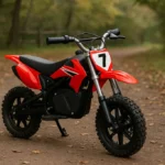 A electric powered motorcycle for 100 dollars dirt bike on forest trail, red kids electric dirt bike parked in nature
