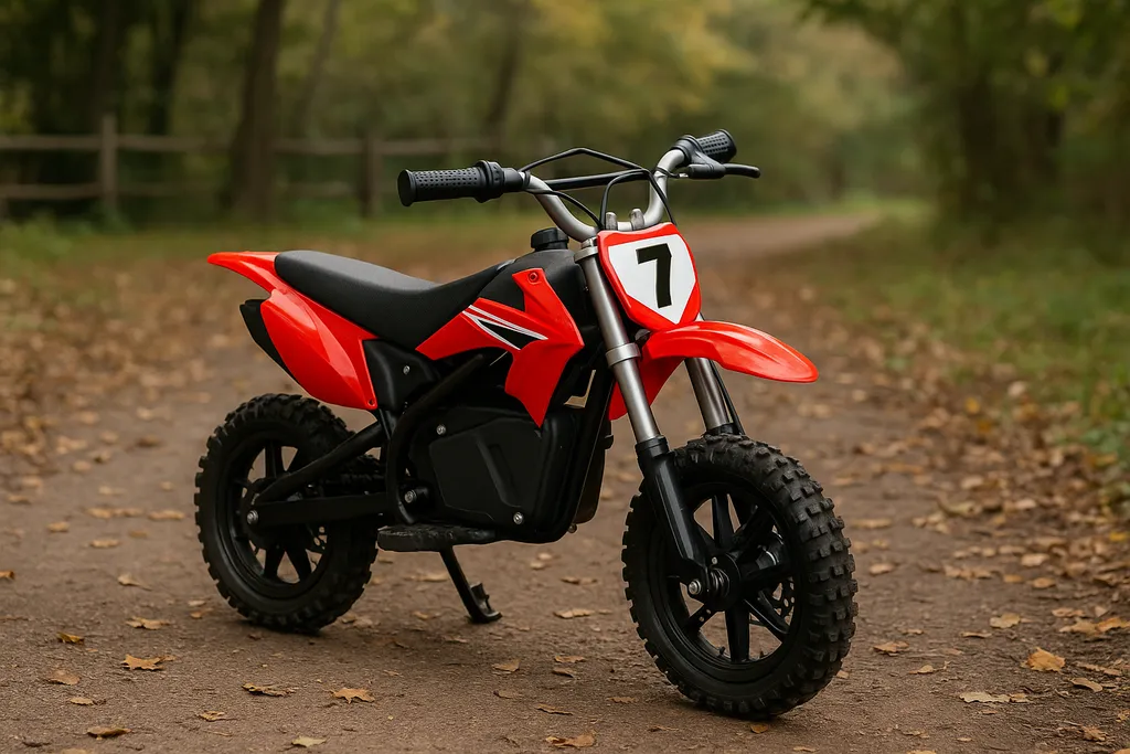 A electric powered motorcycle for 100 dollars dirt bike on forest trail, red kids electric dirt bike parked in nature