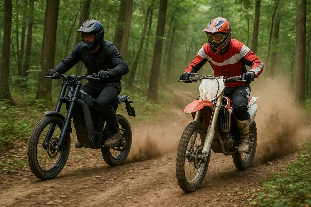 Are electric dirt bikes faster than gas – dirt bike riders racing on a forest trail comparing electric and gas performance