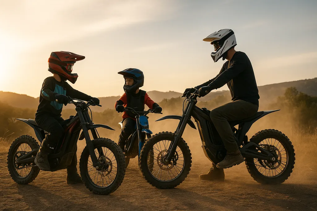 Three riders on electric dirt bikes at sunset on a dirt trail — are electric dirt bikes safe for kids, teens, and adults?