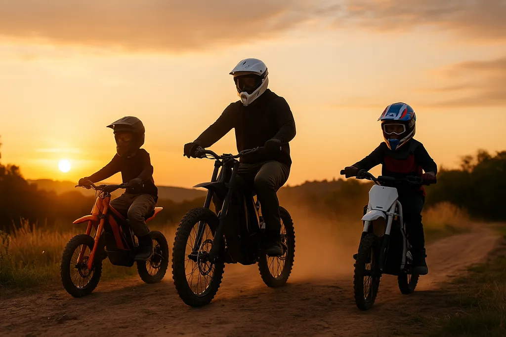 Are electric dirt bikes safe? Family rides together on a dusty sunset trail. Family riding electric dirt bikes on a trail at sunset — are electric dirt bikes safe for kids, teens, and adults?