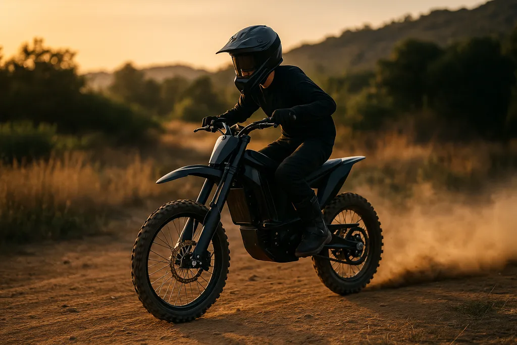 Rider on an electric dirt bike speeding through a dusty trail at sunset — are electric dirt bikes the future
