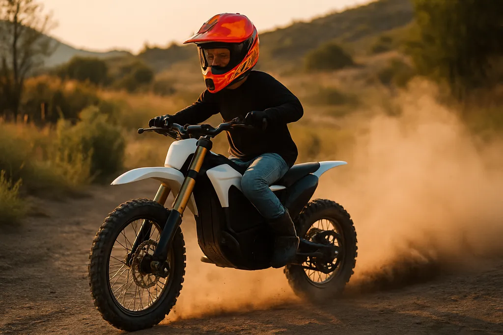 Are electric dirt bikes the future? See the next-gen ride in action. Young rider on electric dirt bike speeding on dirt trail at sunset – are electric dirt bikes the future