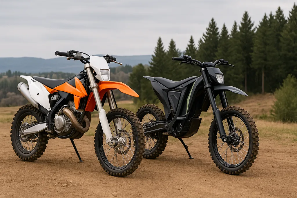 Are gas or electric dirt bikes better – realistic dirt trail image comparing gas and electric dirt bikes in a natural mountain setting