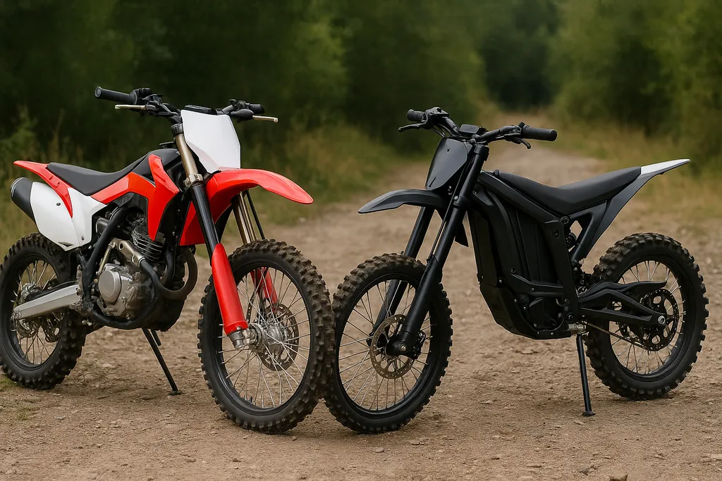 Are gas or electric dirt bikes better – realistic side-by-side image comparing a gas-powered and electric dirt bike on an off-road trail
