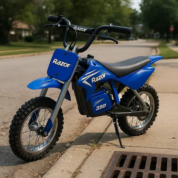 Are Razor electric dirt bike street legal — Razor MX350 parked on a neighborhood sidewalk