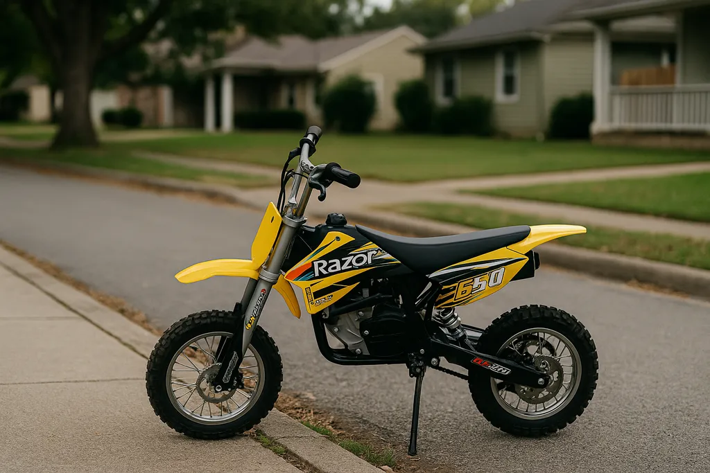 Razor MX650 parked near a quiet suburban road in a residential area Are Razor electric dirt bike street legal — Razor MX650 electric dirt bike parked beside a residential street