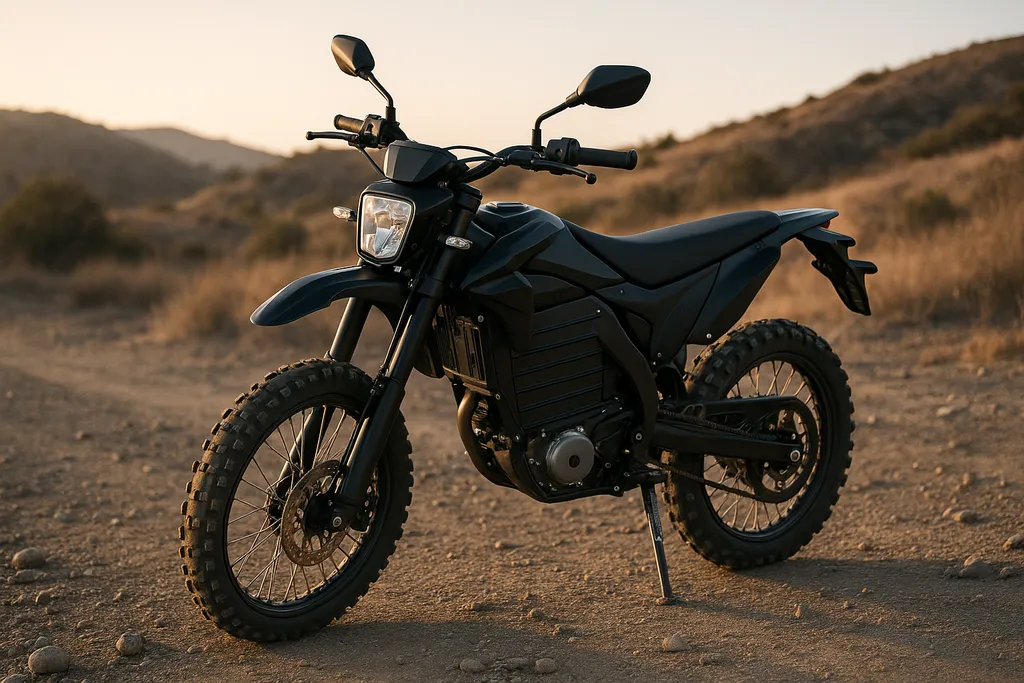 Best electric dirt bike under $2000 parked on a rugged dirt trail at sunset