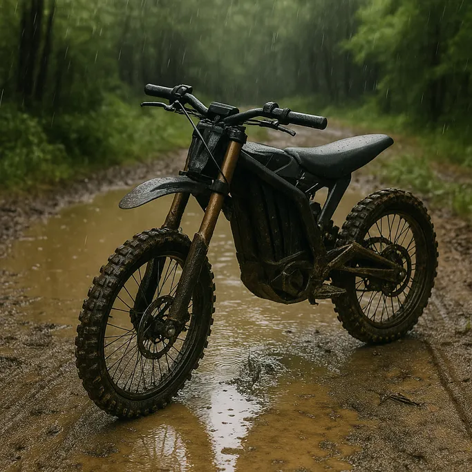 Can electric dirt bikes get wet during a rainy ride on a muddy forest trail