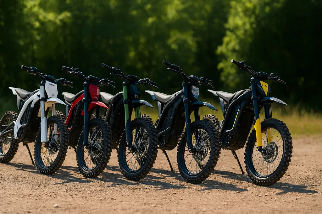 Do electric dirt bikes need registration for public use? Do electric dirt bikes need to be registered? Five realistic electric dirt bikes parked on gravel in front of forest