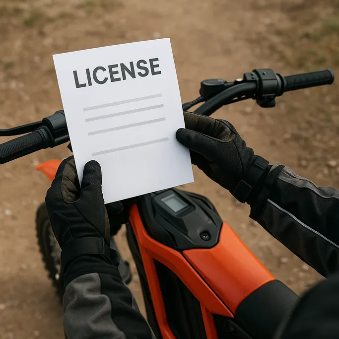 Rider checking license on electric dirt bike Rider holding a license document while sitting on an electric dirt bike