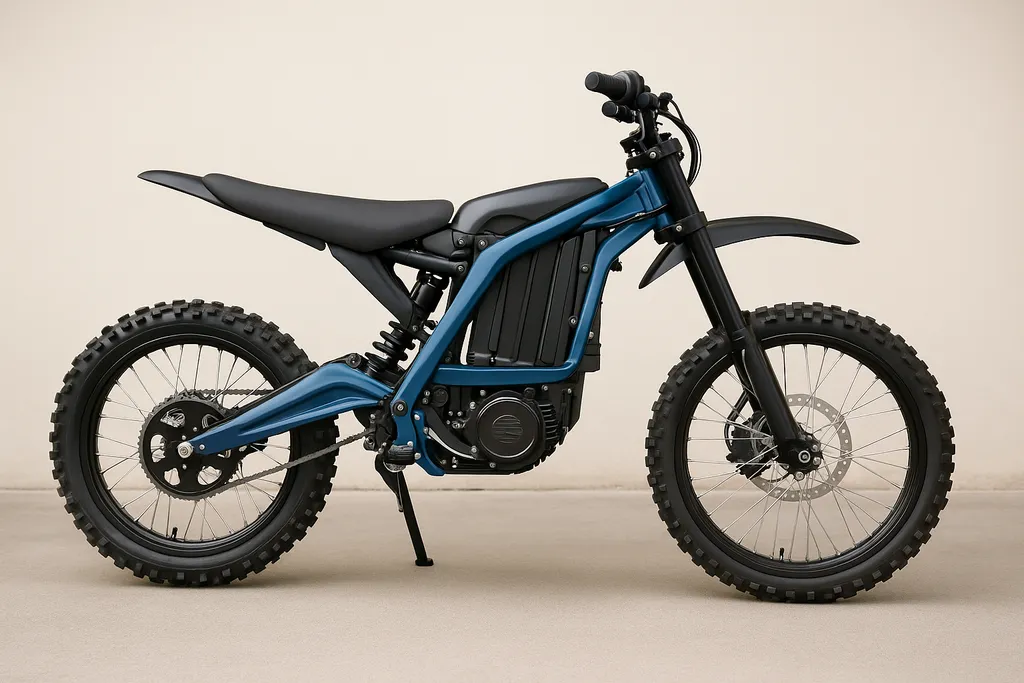 View the full side profile of a realistic electric dirt bike setup Alt Text: Realistic side profile of an electric dirt bike showcasing key components for a how electric dirt bikes work guide