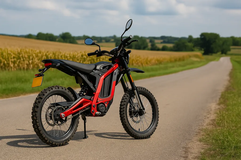 Electric dirt bike on a rural Illinois road surrounded by cornfields