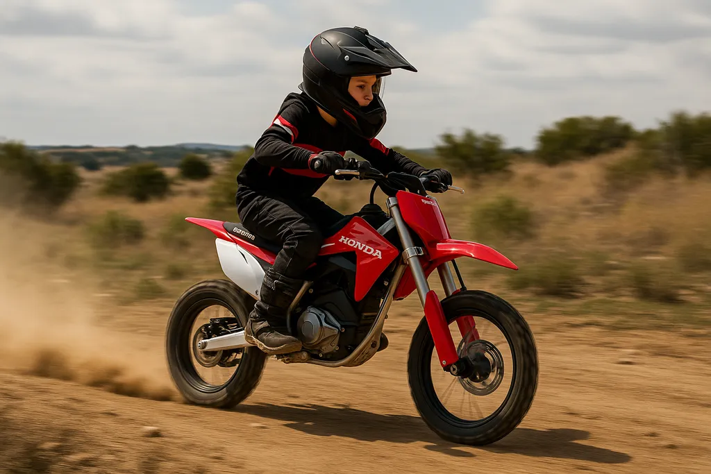 See the Honda CRF E2 electric dirt bike reaching its top speed off-road Young rider pushing the Honda CRF E2 to its top speed on a dusty dirt trail
