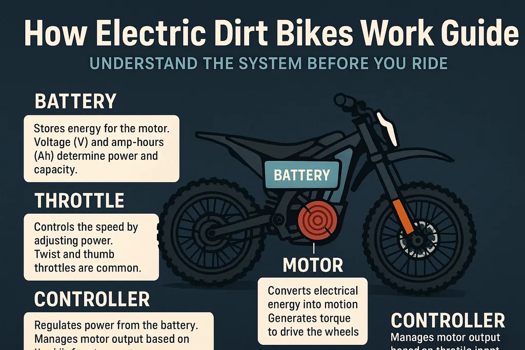 Illustrated breakdown of an electric dirt bike showing battery, motor, throttle, and controller for a how electric dirt bikes work guide
