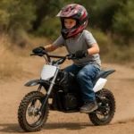 Young rider on an electric dirt bike on a trail — How fast does a 24 volt electric dirt bike go
