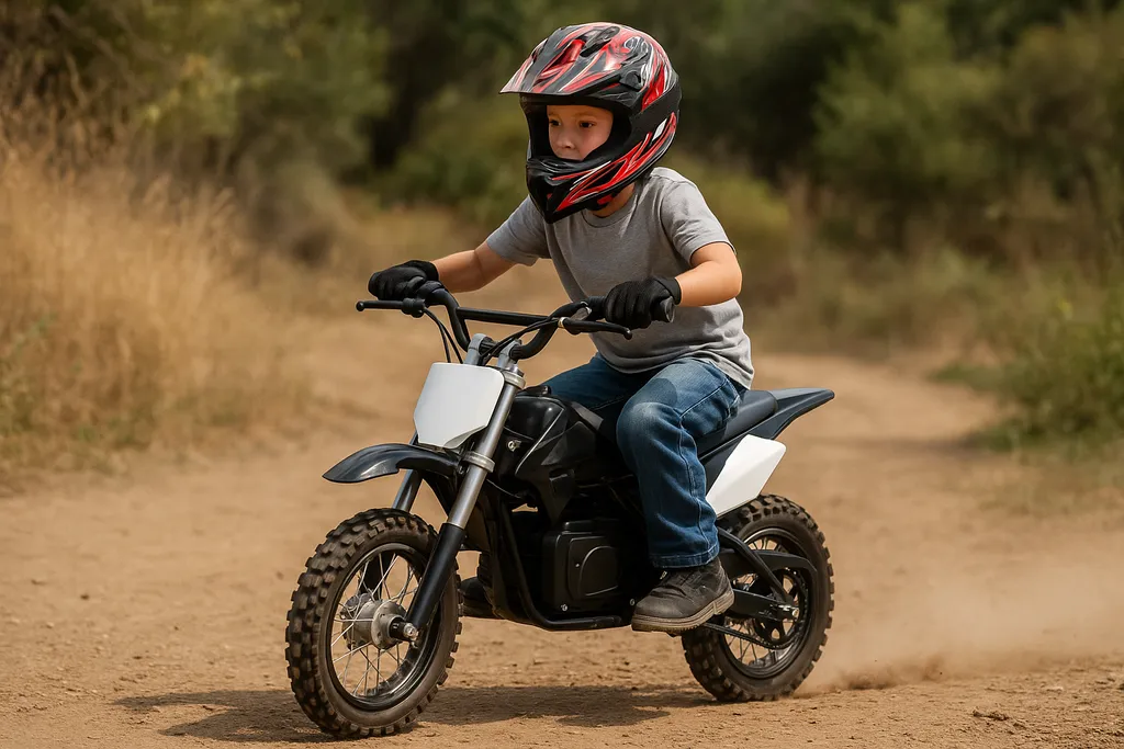 Young rider on an electric dirt bike on a trail — How fast does a 24 volt electric dirt bike go