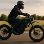 How fast does a 5000W electric bike go – realistic photo of a rider on a high-powered electric dirt bike at full speed