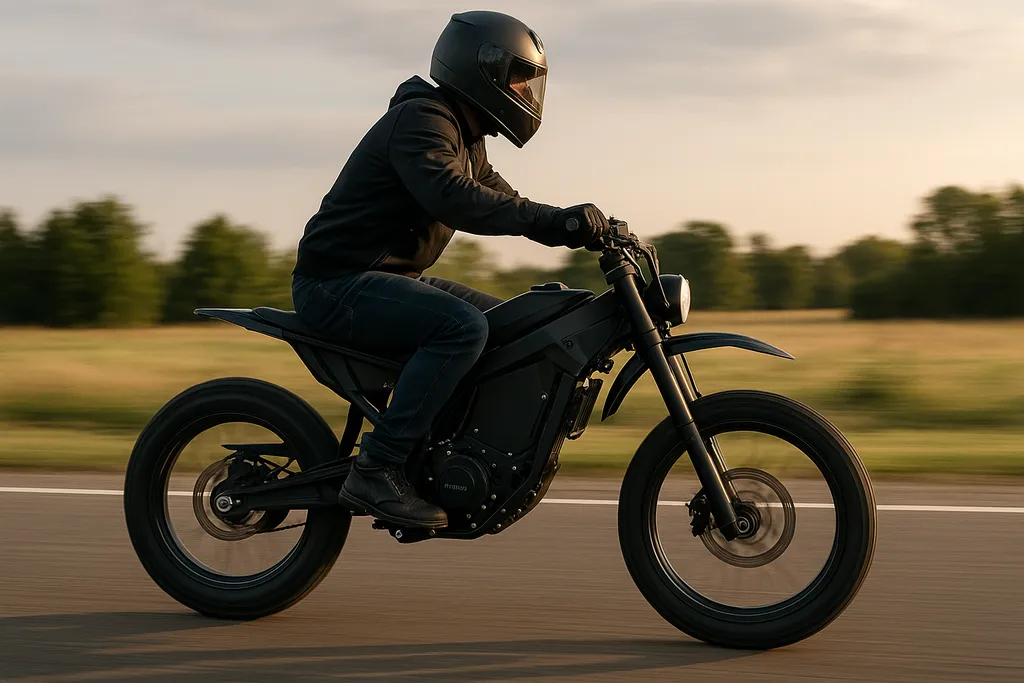 How fast does a 5000W electric bike go – realistic photo of a rider on a high-powered electric dirt bike at full speed