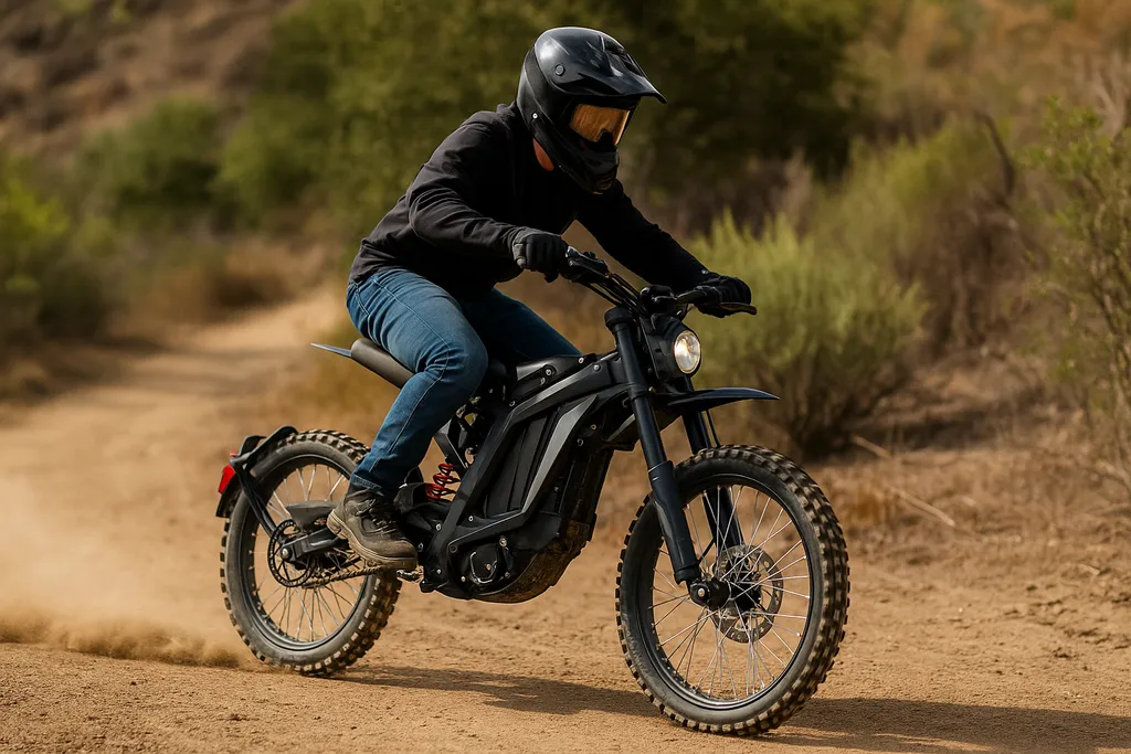 A rider pushes the Sur Ron Light Bee on a dirt trail, demonstrating how fast does a Sur Ron Light Bee go in real off-road conditions.