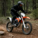Rider showing how fast is a KTM electric dirt bike on a forest trail