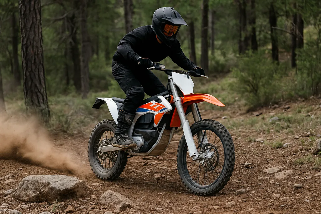 Rider showing how fast is a KTM electric dirt bike on a forest trail