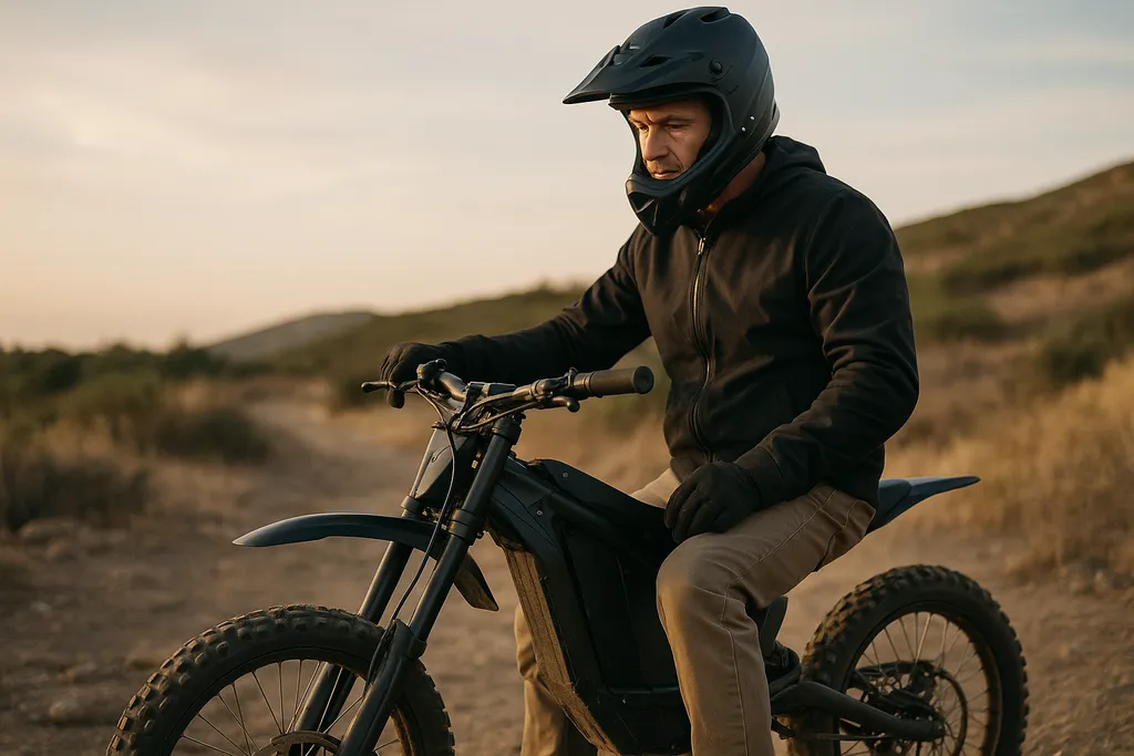 How long do electric dirt bikes last? Explore how tough and long-lasting these off-road machines really are. How long do electric dirt bikes last – realistic photo of a man inspecting a black electric dirt bike in a rugged off-road trail at sunset