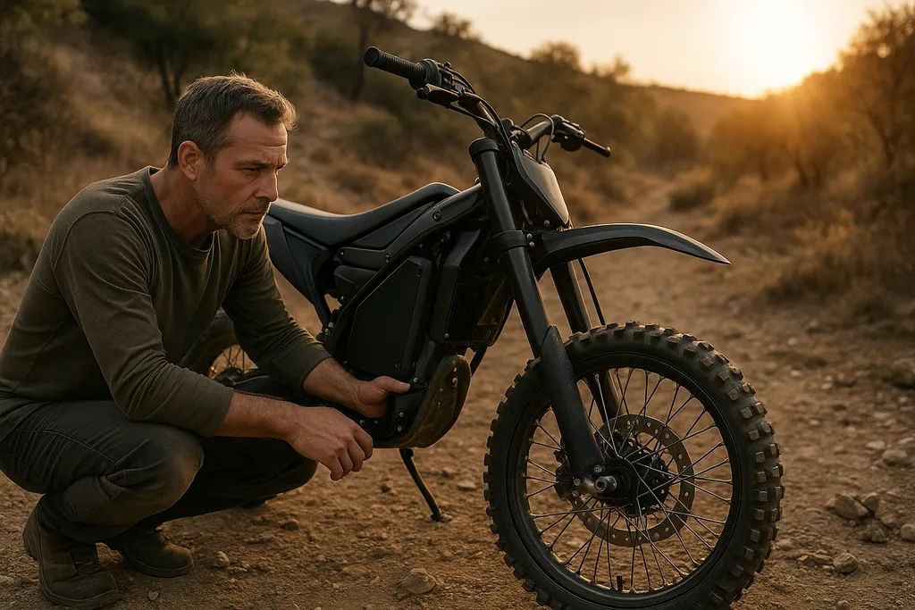 How long do electric dirt bikes last – man inspecting the frame of a black electric dirt bike at sunset to evaluate durability
