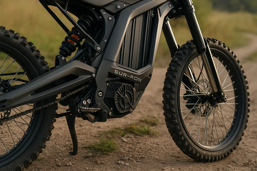 View of Sur Ron battery setup — how long does a Sur Ron battery last? How long does a Sur Ron battery last showing close-up of Sur Ron electric dirt bike battery on trail