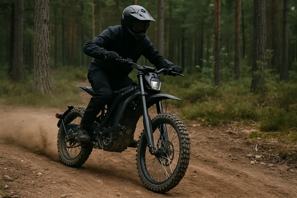 Rider on a Sur Ron electric dirt bike on a forest trail — how many watts is a sur ron