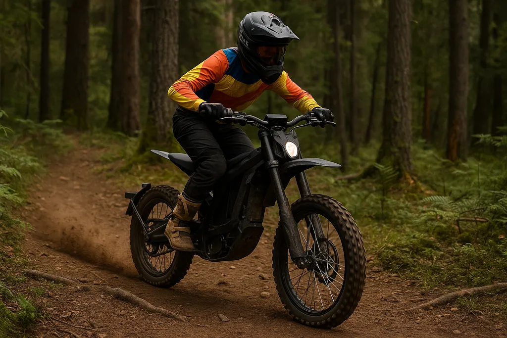Sur Ron electric dirt bike showing wattage capabilities on forest terrain Motocross rider on Sur Ron electric dirt bike riding through a forest trail — how many watts is a sur ron