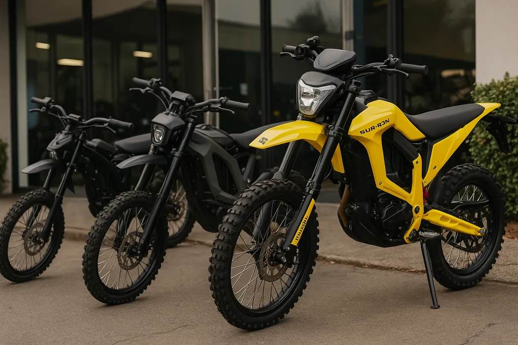 How much does a Sur Ron cost - Sur Ron electric dirt bikes including Light Bee X, Storm Bee and Ultra Bee parked in front of a showroom