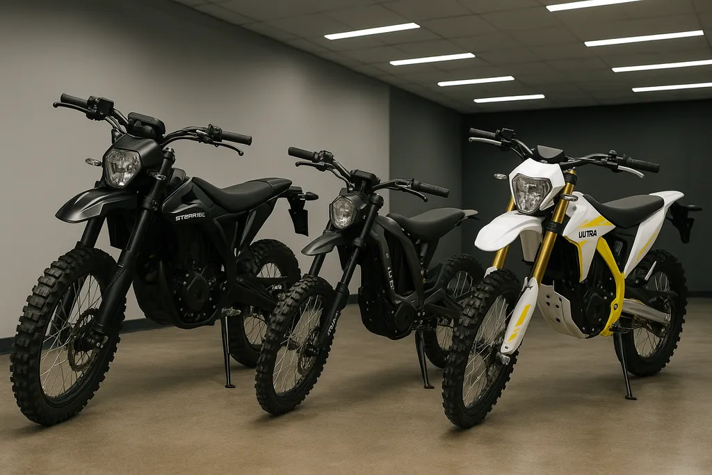 How much does a Sur Ron cost - Ultra Bee, Light Bee X and Storm Bee electric bikes showcased in a modern indoor showroom with LED lighting