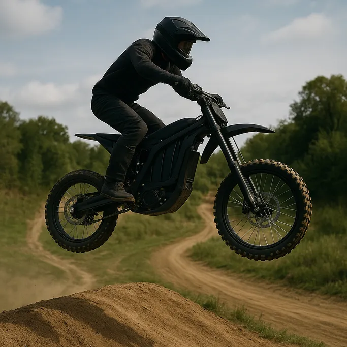 Electric dirt bike jumping on motocross trail – discover how much an electric dirt bike weighs in action How much does an electric dirt bike weigh – rider airborne on dirt trail jump