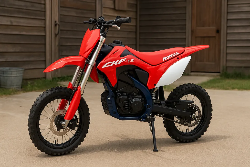 How much is the Honda CRF-E2 — realistic outdoor image with wooden cabin background