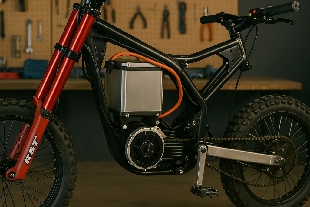 How to build an electric dirt bike with close-up view of motor, battery, and frame in workshop