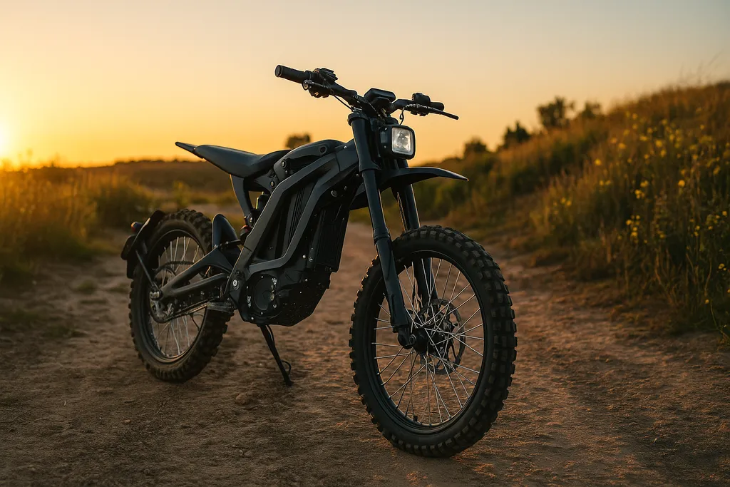 Discover how to buy a Sur Ron — featured here in its natural off-road element at sunset Black electric dirt bike on a rugged trail during sunset — how to buy a Sur Ron